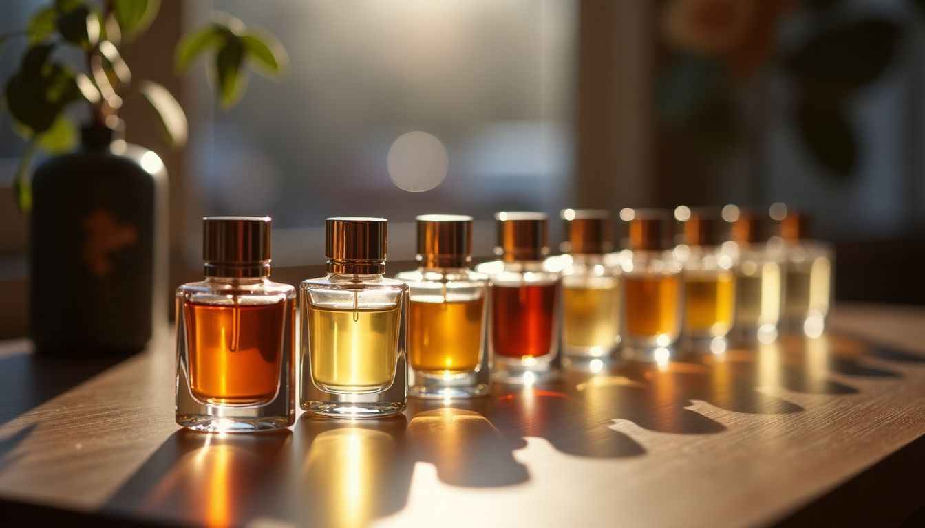 A table with various perfume samples in a boutique setting.