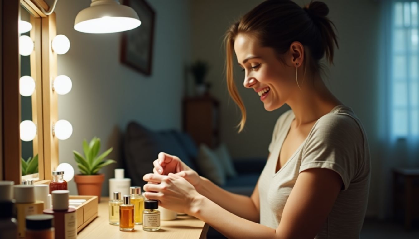 A young woman is organizing perfume samples on her vanity table at home.