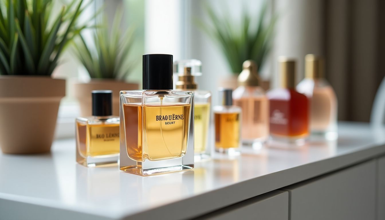 A selection of women's perfume sample sets neatly displayed on a modern vanity table.