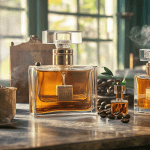 a few coffee-based perfumes on a luxury vanity, a