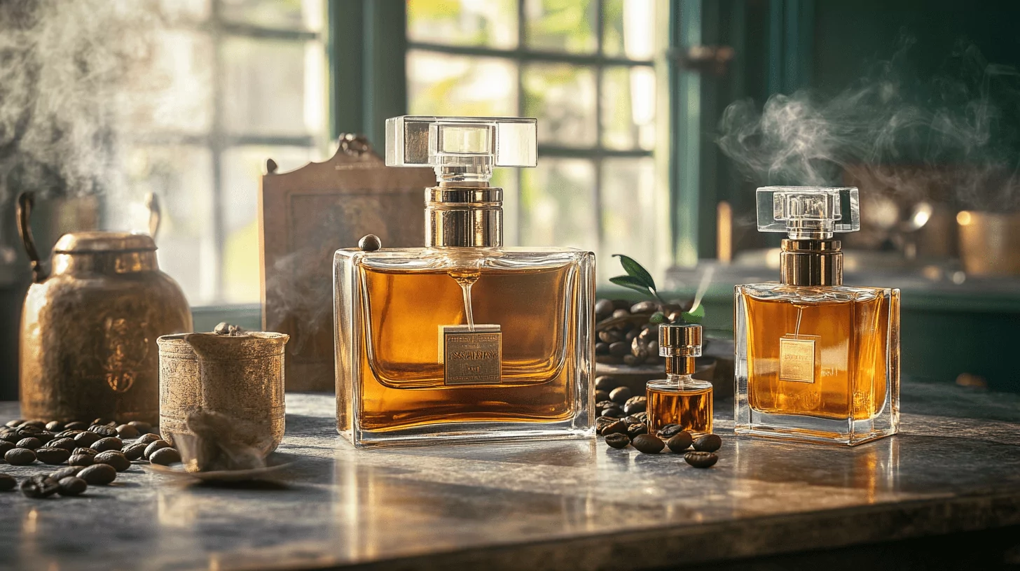 a few coffee-based perfumes on a luxury vanity, a