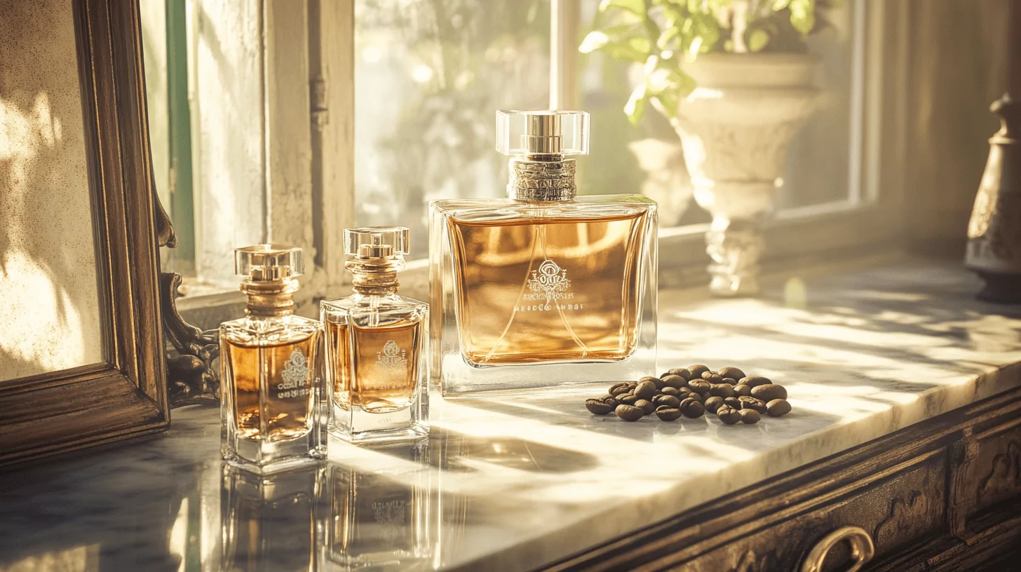 a few coffee perfumes on a luxury vanity