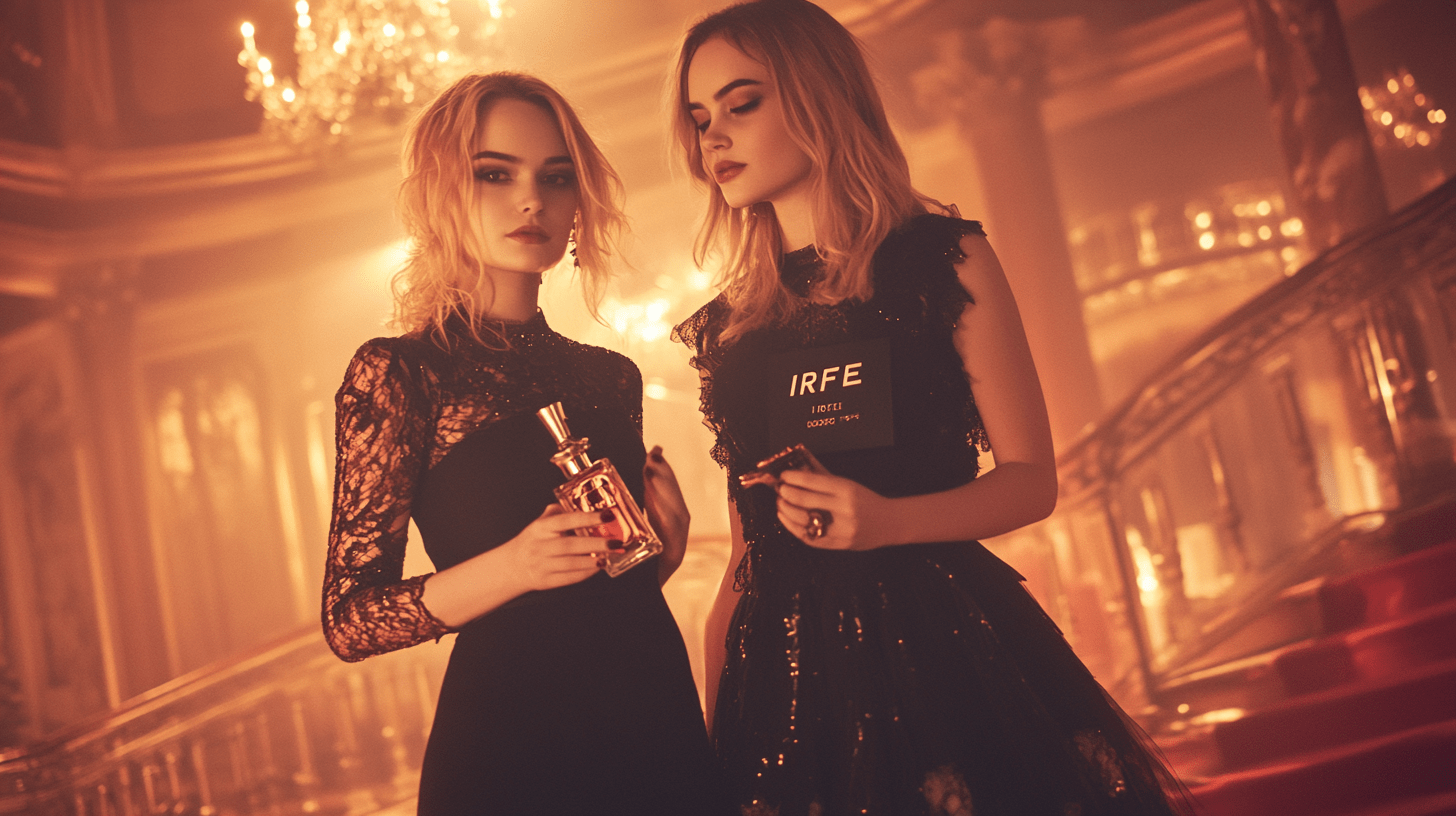 Two models in black dresses hold expensive