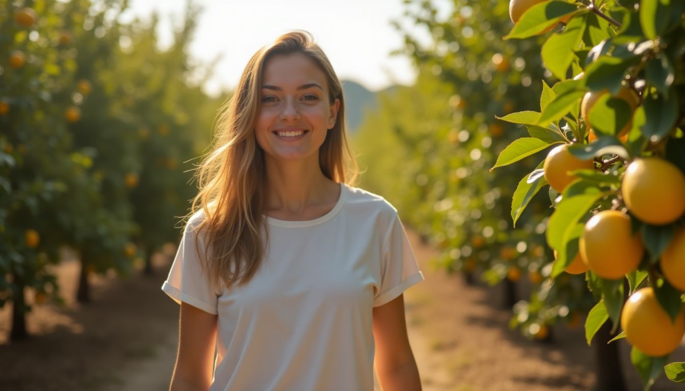 A young woman walks through a lemon orchard, enjoying the warm atmosphere and fresh scent of lemons.