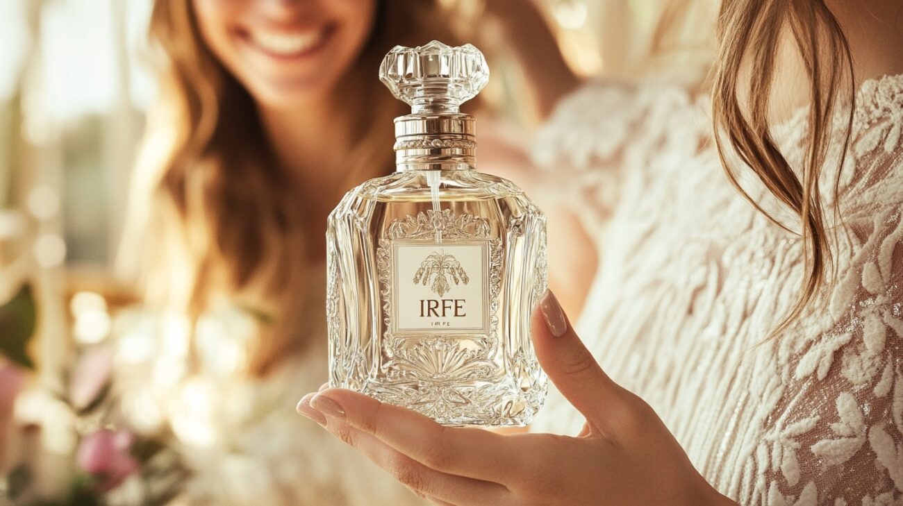 A woman at home smiling and holding a crystal Vanilla perfume bottle with IRFE label on it