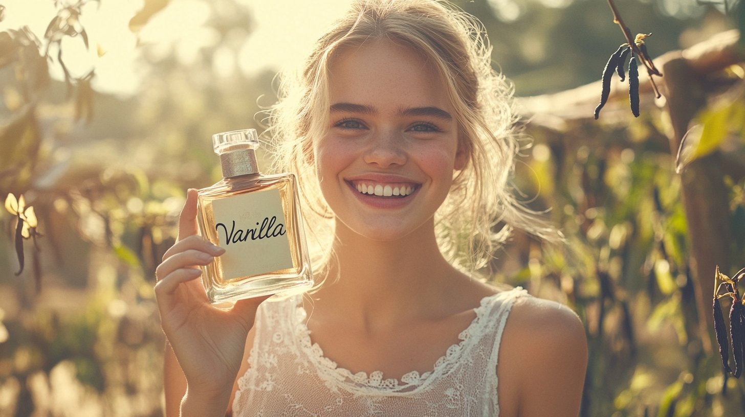 A young woman in the middle of a vanilla garden