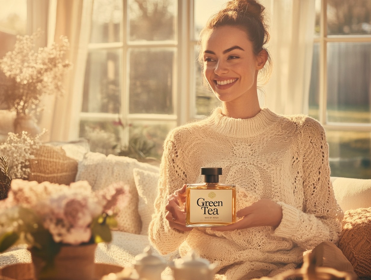 A young woman at home smiling and holding a perfume bottle with a "Green Tea" label on it