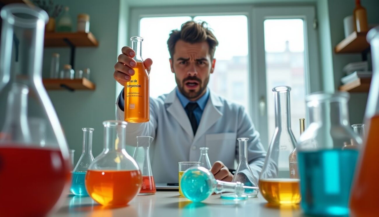 Perfumer scientist tries to find the best natural scent in a lab lab filled with colorful liquids and beakers.