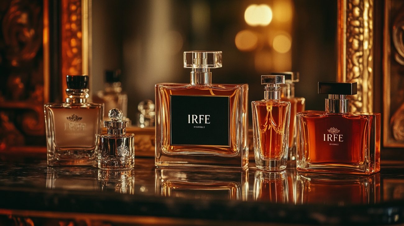 a few different IRFE luxury vintage niche perfumes on a luxury vanity