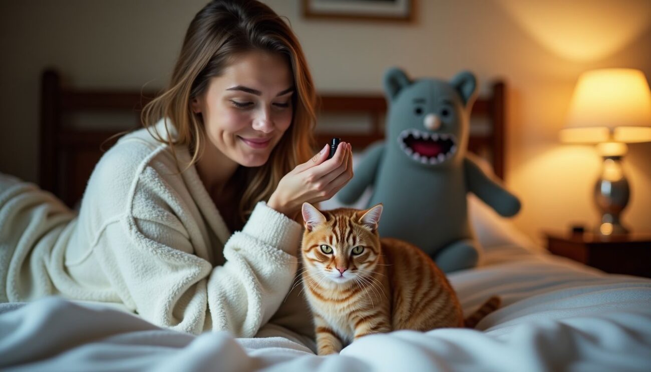 A woman in mismatched pajamas applies perfume while her cat playfully interacts with her.