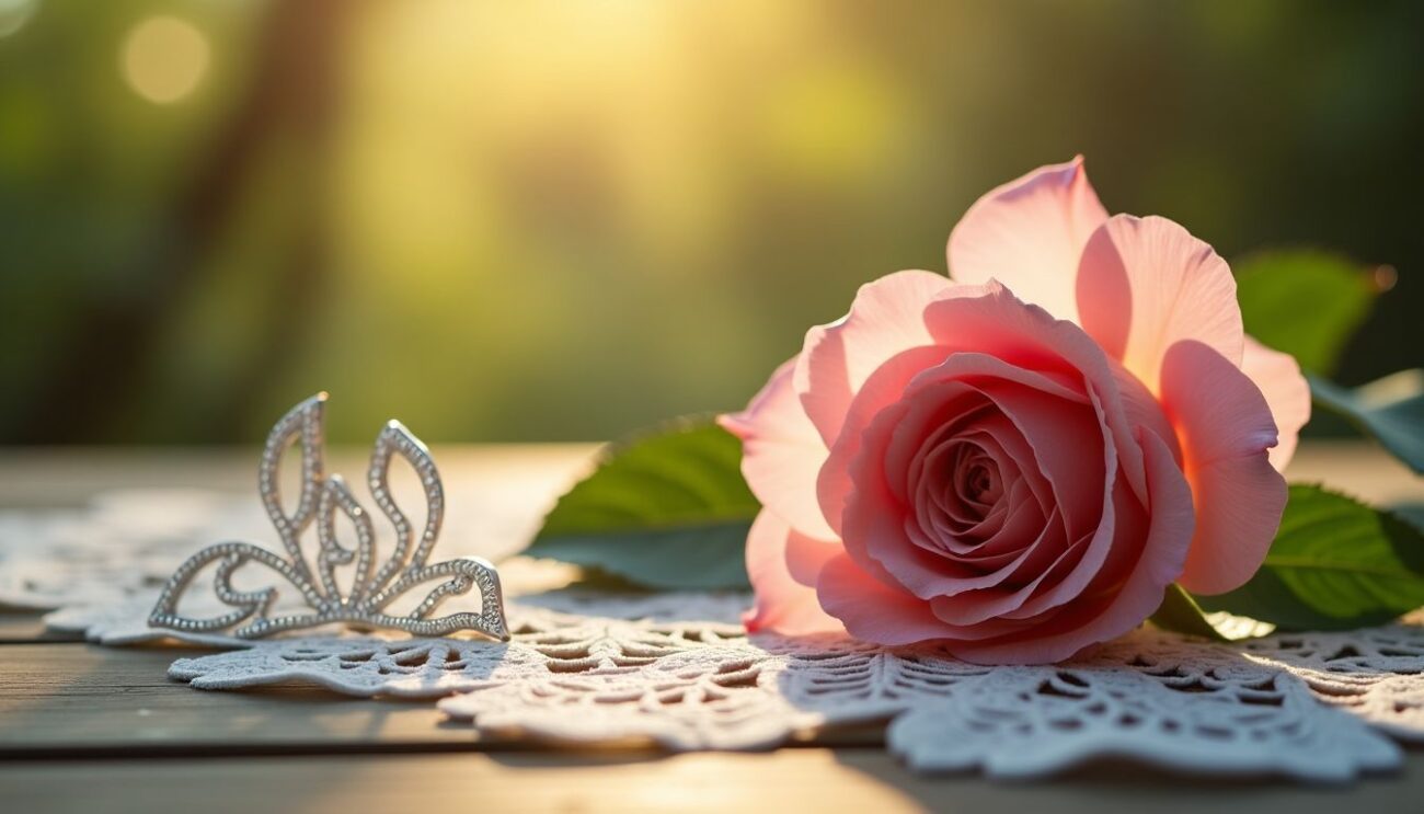 A close-up of a delicate Centifolia rose with silver filigree accents on a vintage lace backdrop.