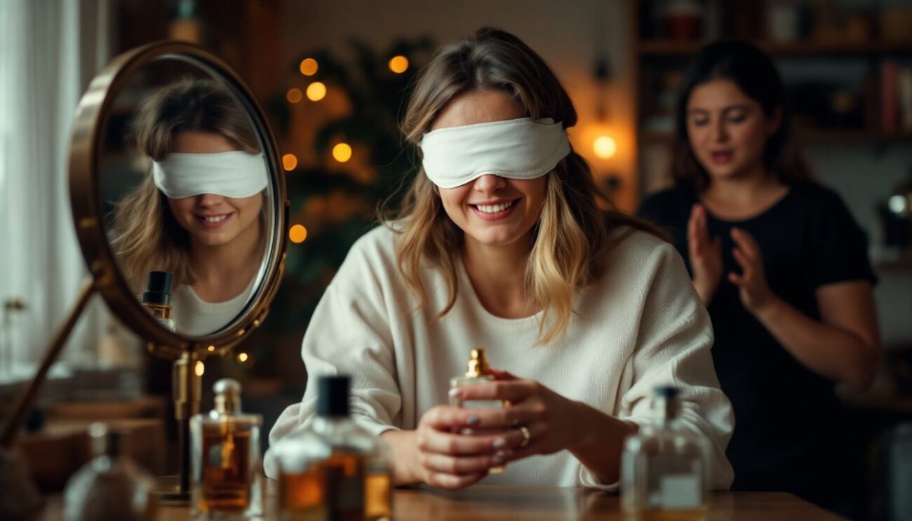 A blindfolded woman tries to choose a perfume, smiling