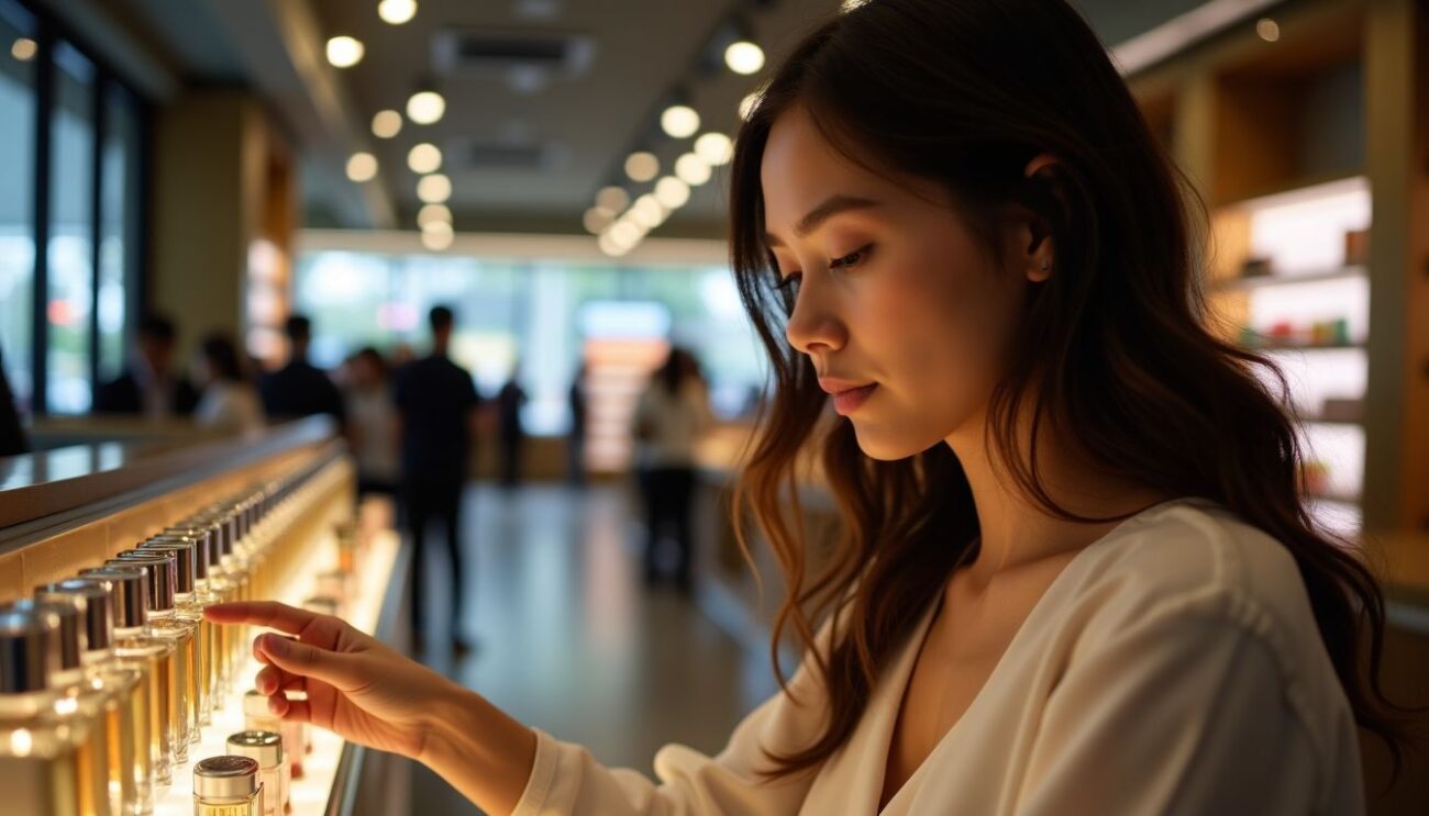 A young woman at a department store fragrance counter sampling different perfume testers.