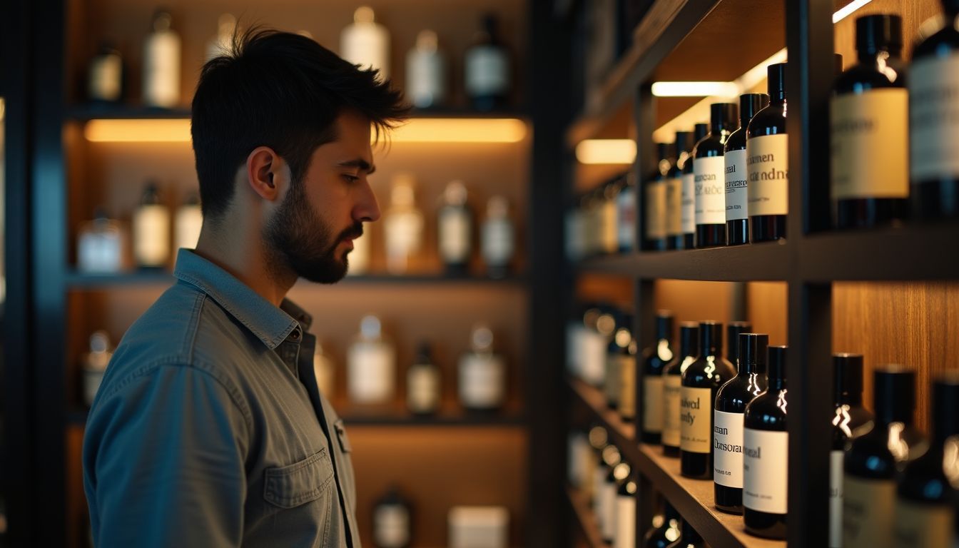 A 35-year-old man is browsing men's fragrances in a boutique with a selection of cardamom-infused scents.