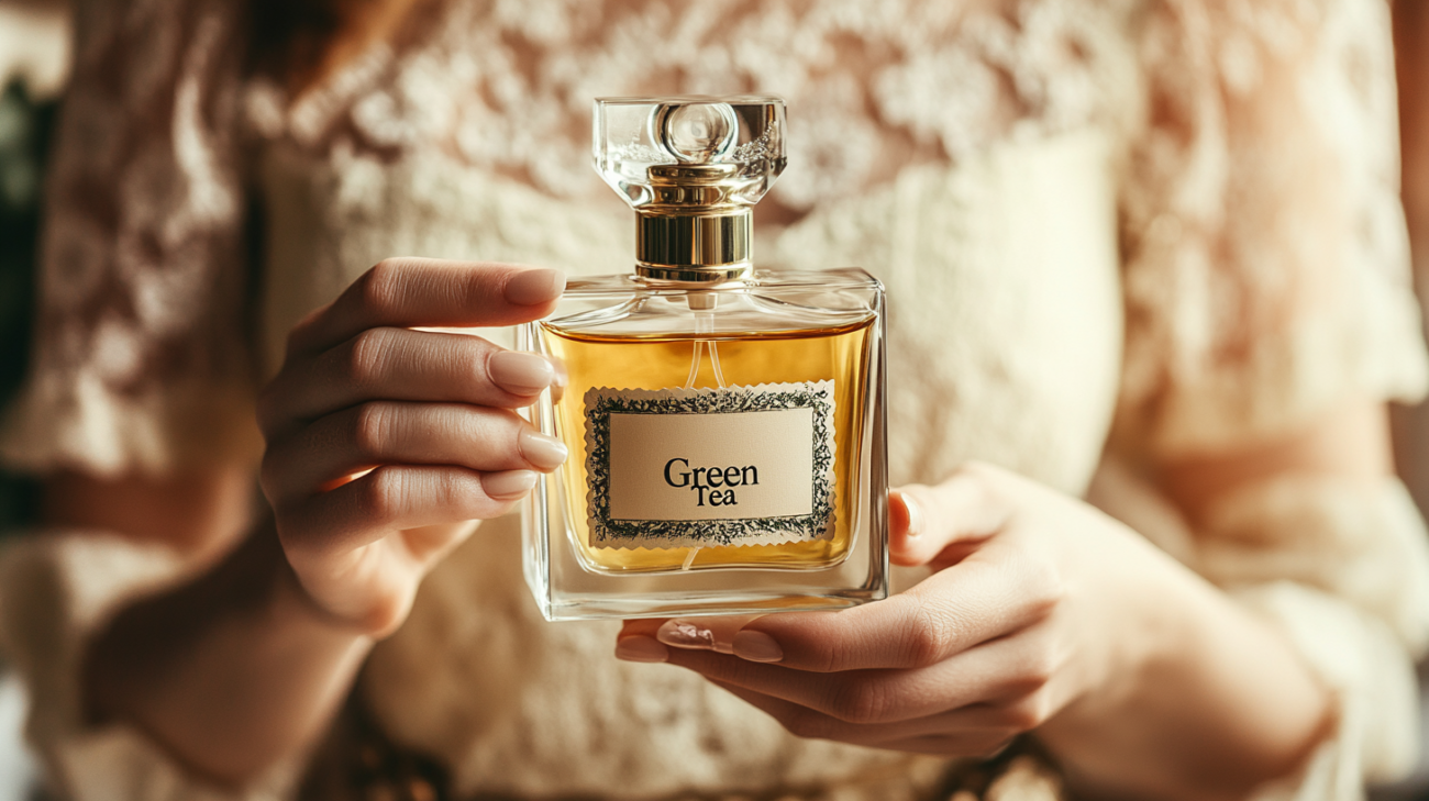  A woman at home smiling and holding a perfume