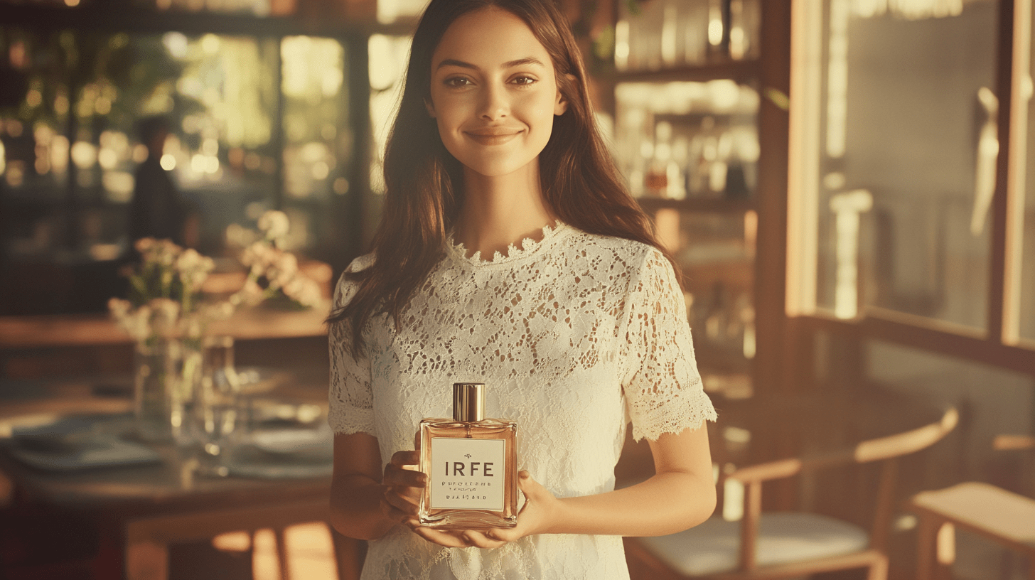 A young lady with an IRFE perfume bottle
