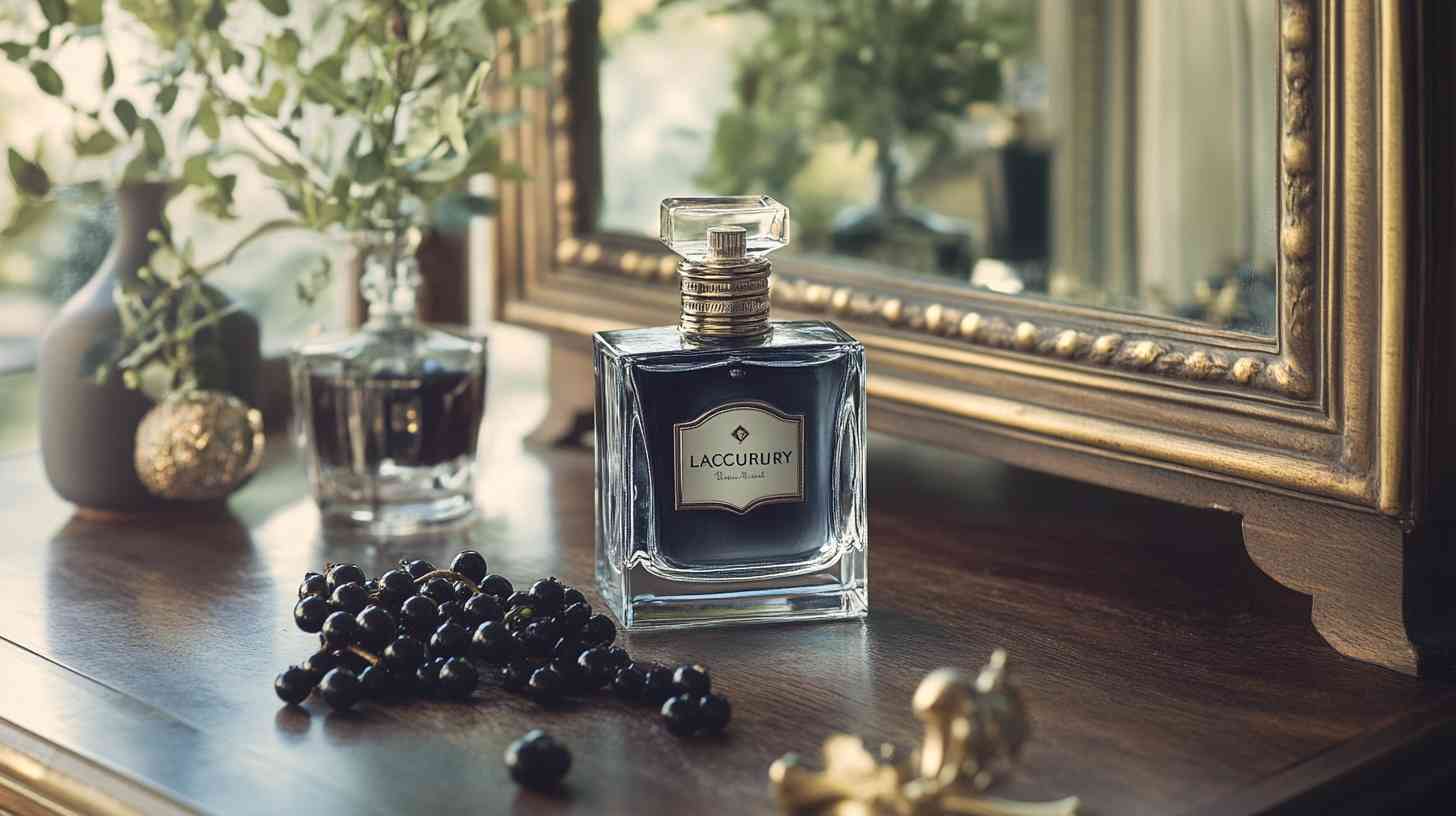 Blackcurrant perfume bottle on a vanity and