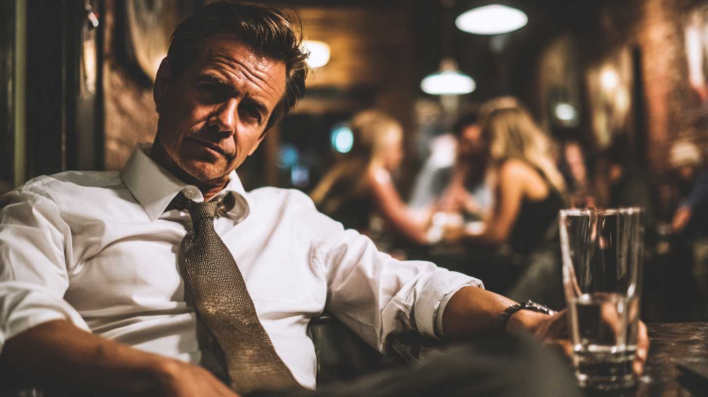 Confident well-dressed man seated in a bar at