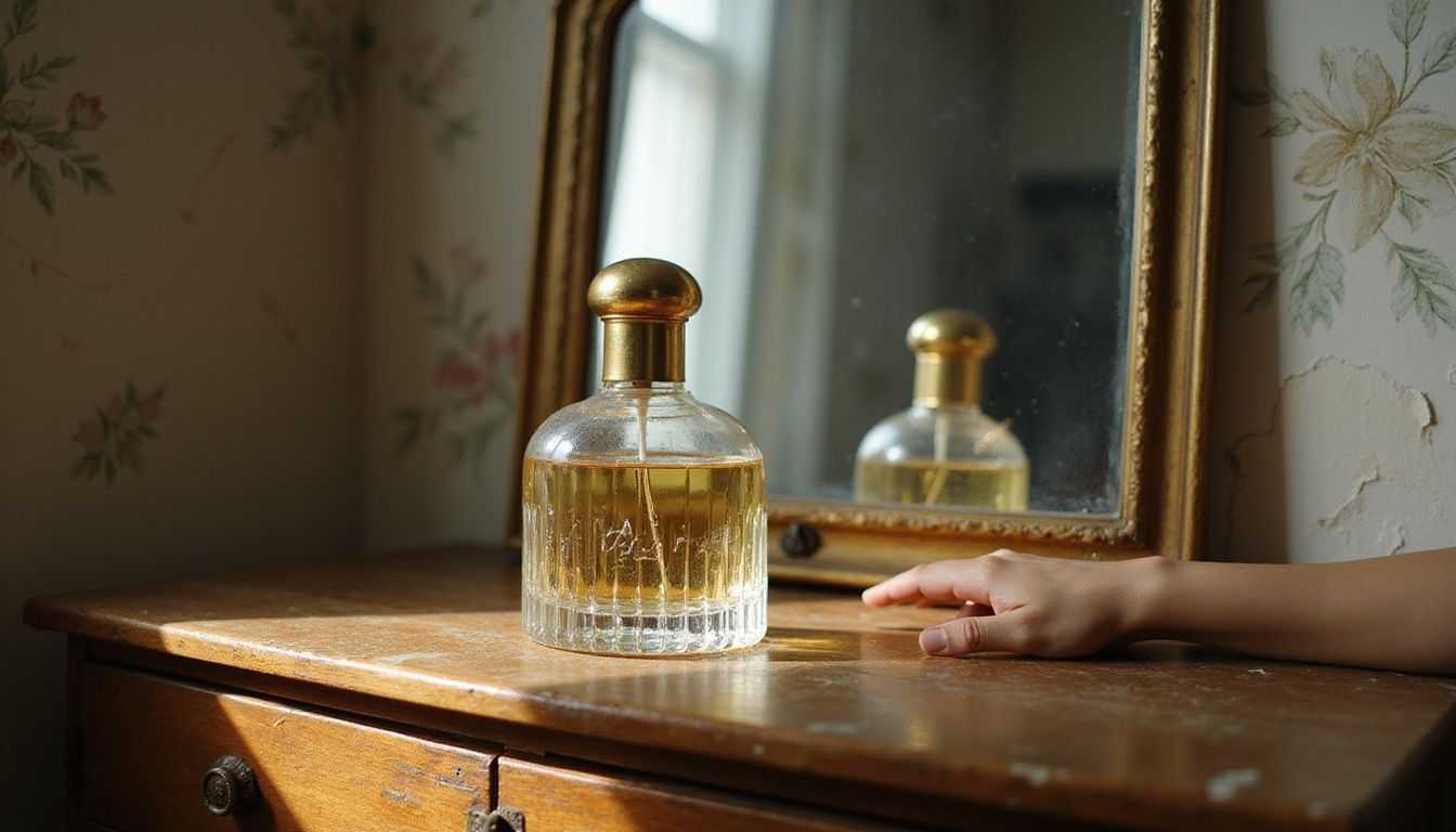 An elegant glass perfume bottle with a golden