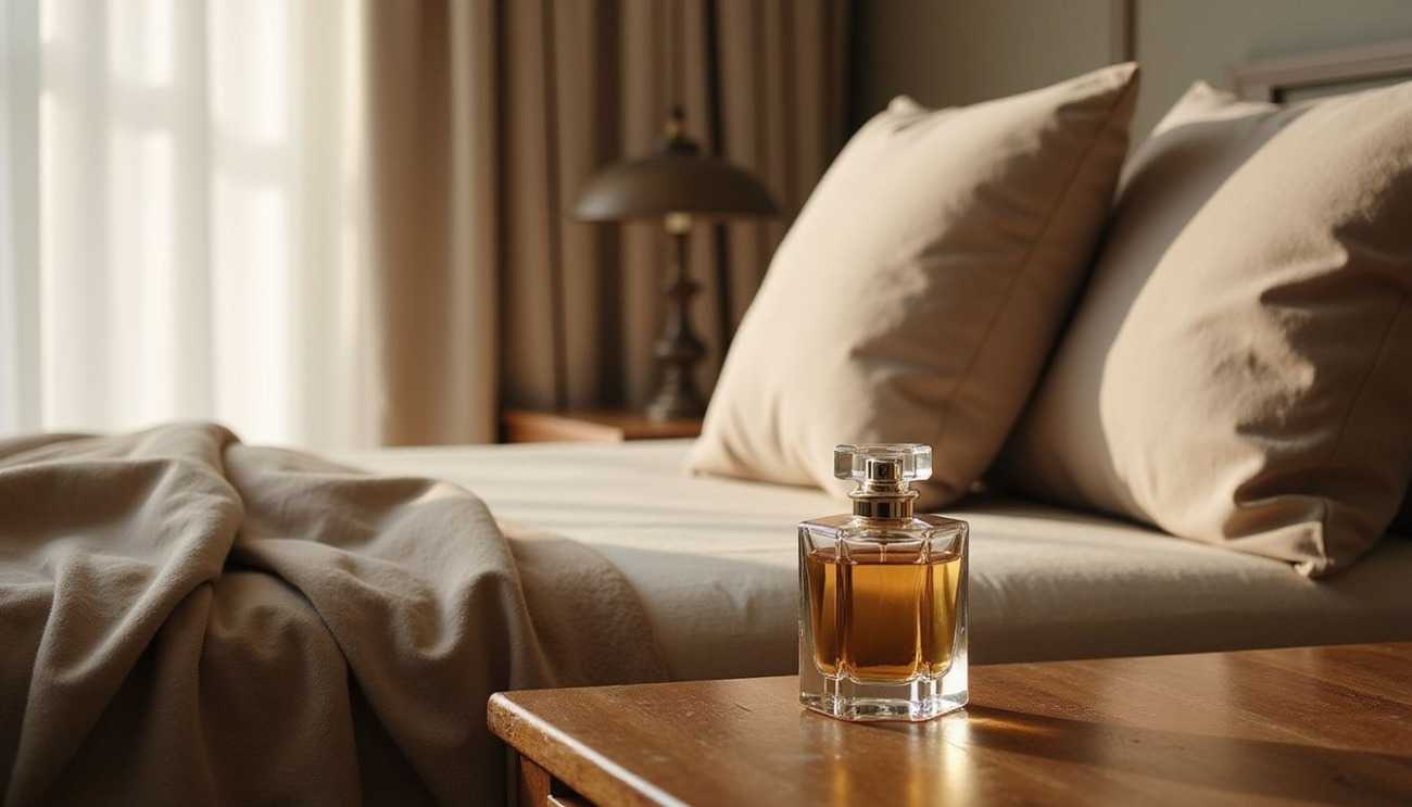 A luxurious perfume bottle rests on a polished