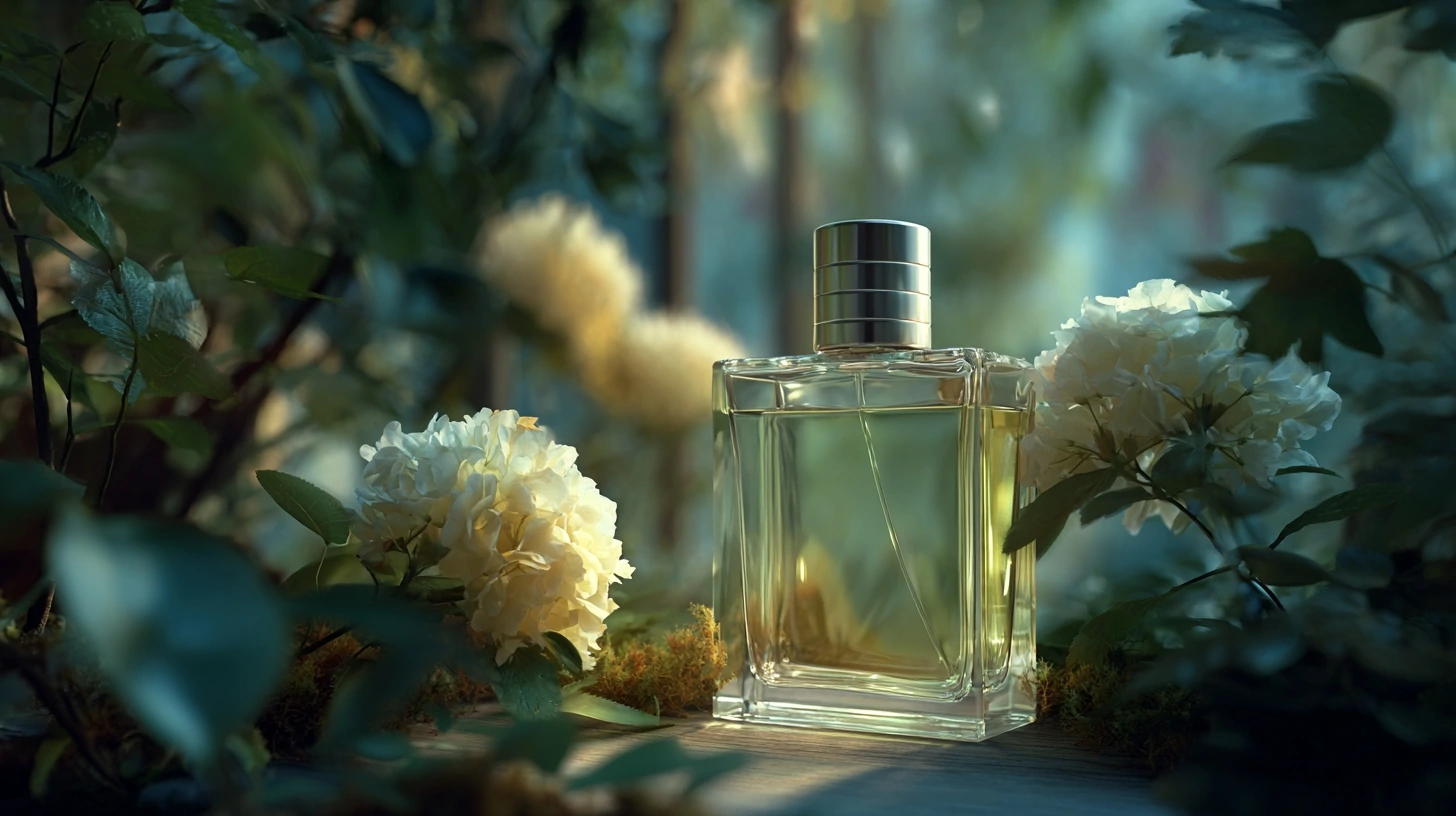 A luxurious white musk perfume bottle and the art