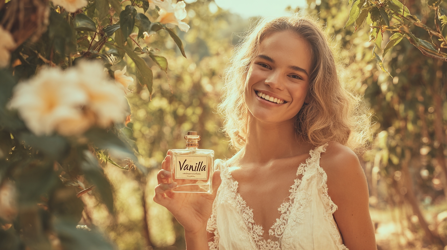 A young woman in vanilla garden smiling and