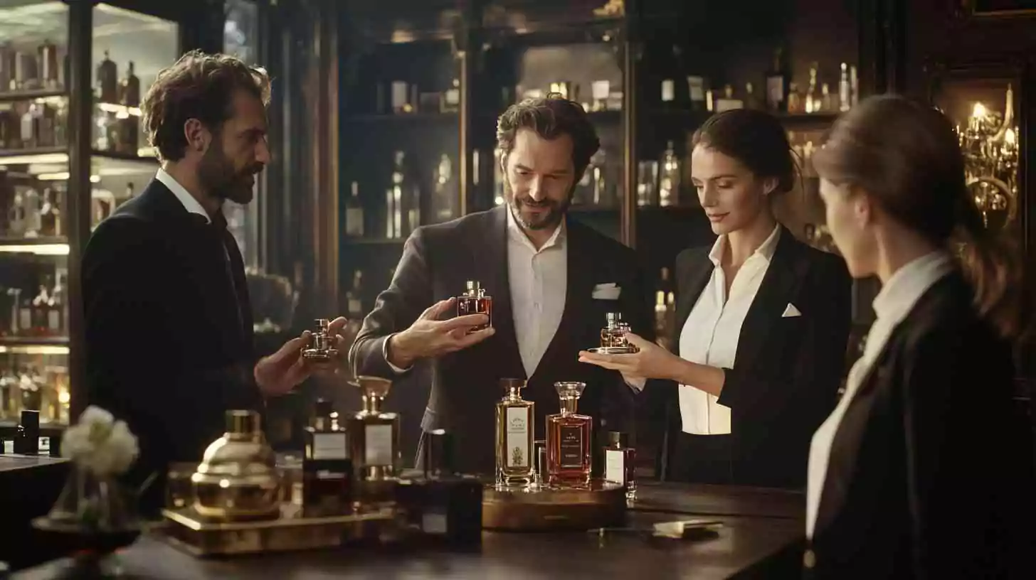 a group of perfumery experts test and discussing