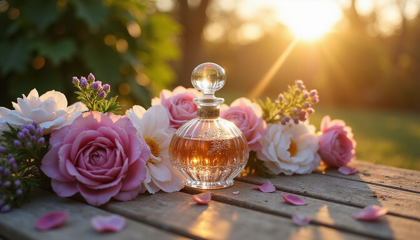 A glass perfume bottle rests among blooming