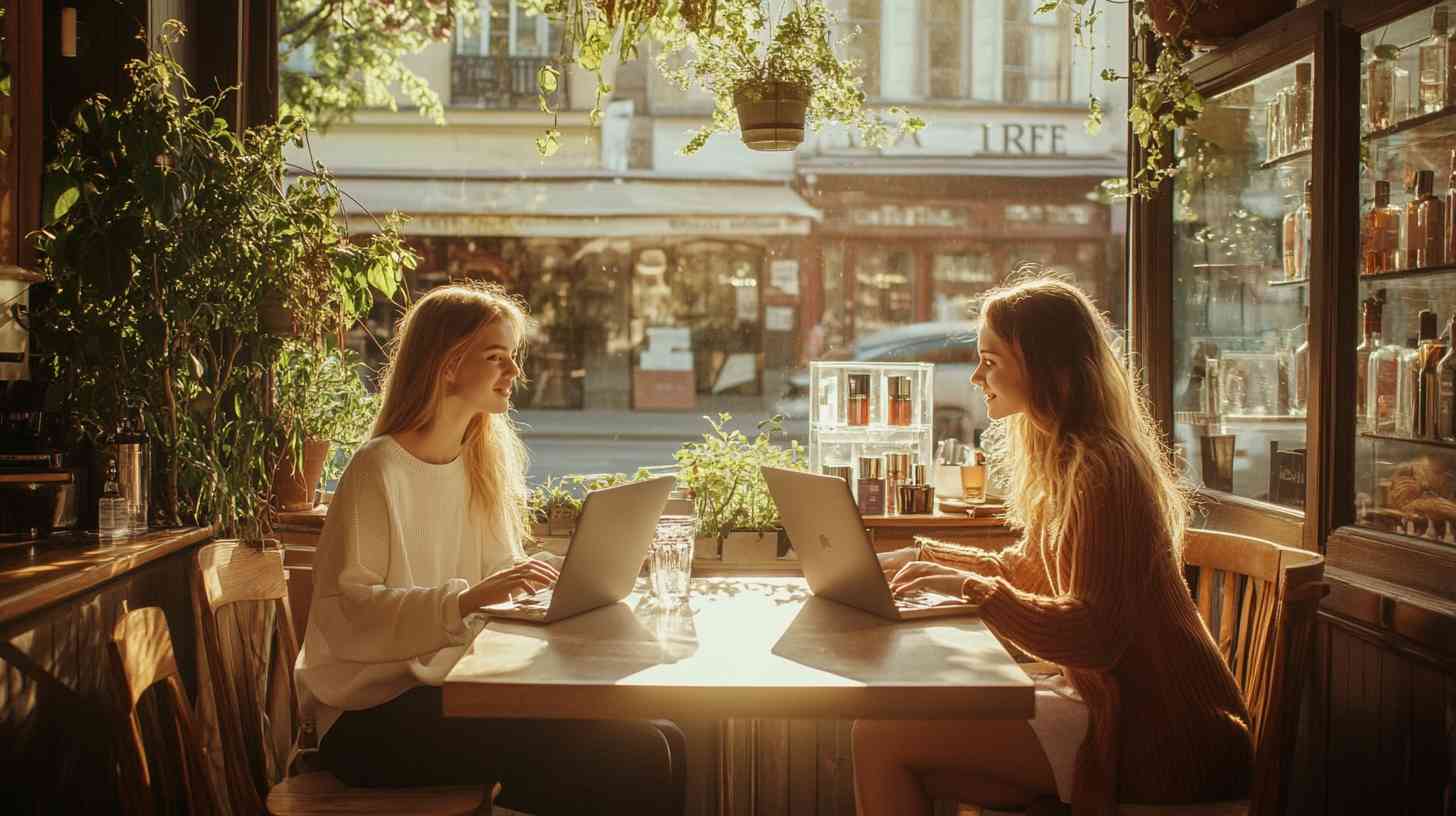 two young women sit in a cozy cafe with laptops