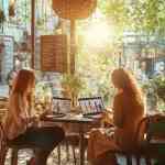 two young women sit in a cozy cafe with laptops