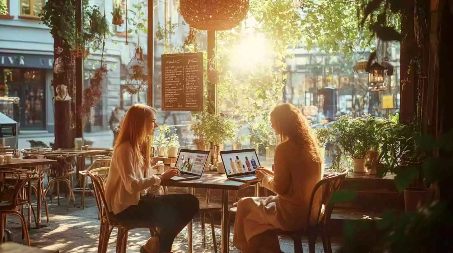 two young women sit in a cozy cafe with laptops