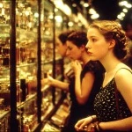 young lady in a crowded perfume store looking for