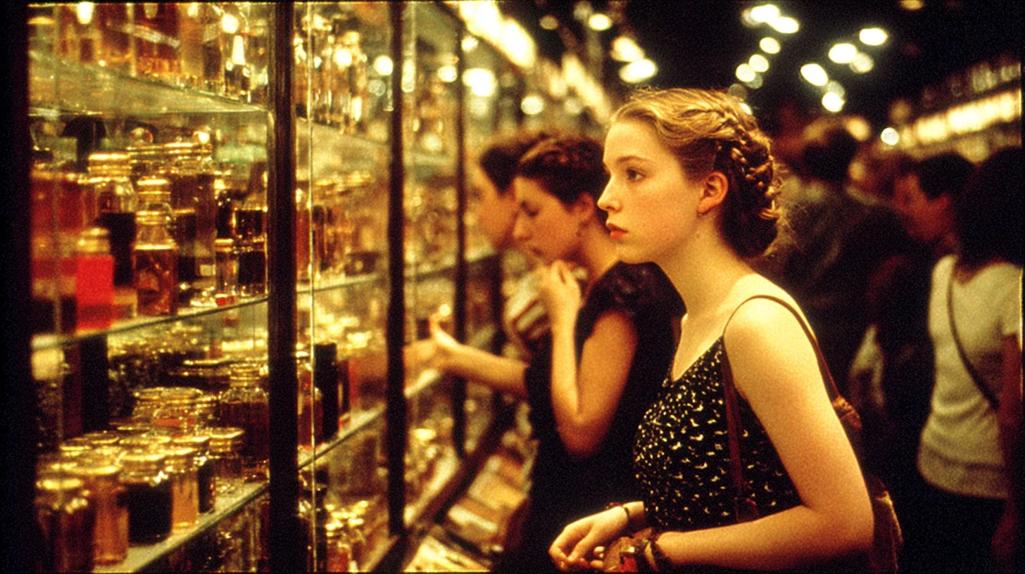 young lady in a crowded perfume store looking for