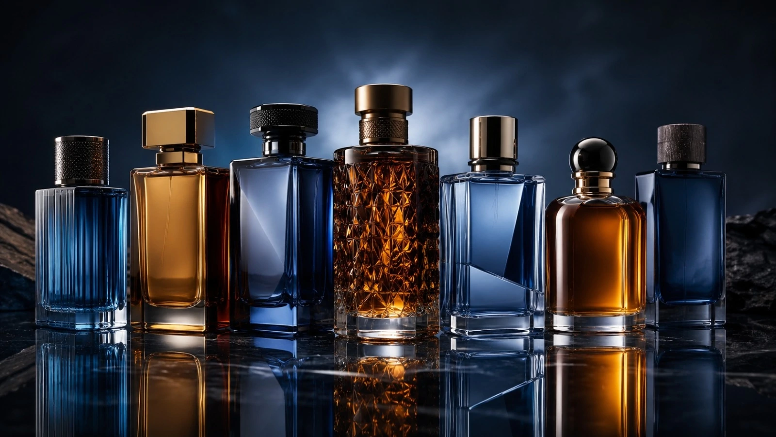 Elegant Men Colognes Lineup on Reflective Surface