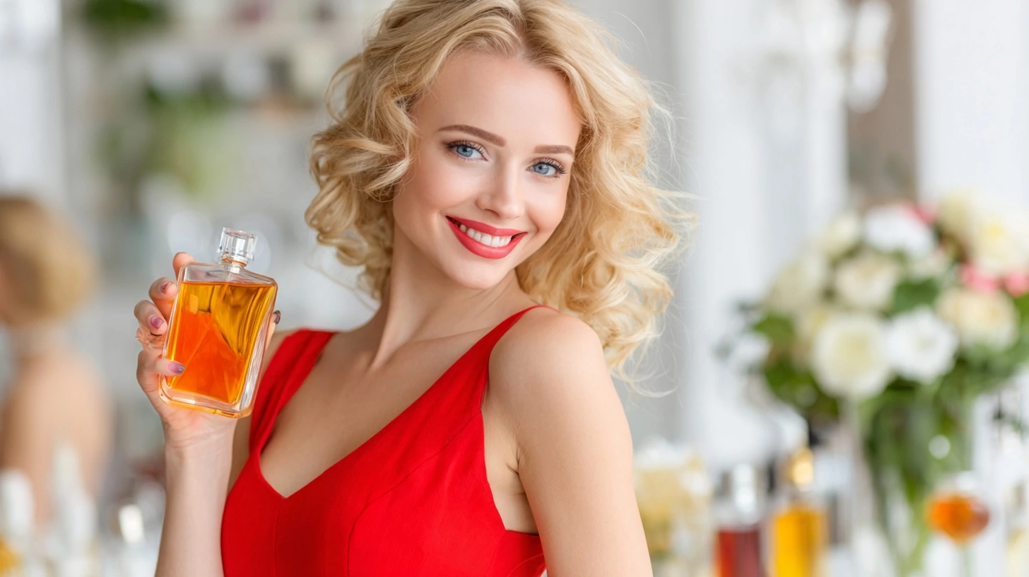 well-dressed lady presenter of perfumes holds a