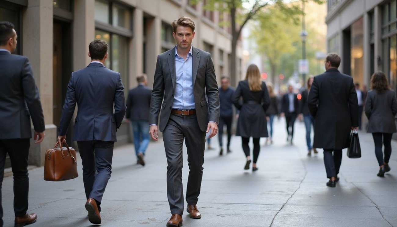 A confident man in a well-fitted suit walks down