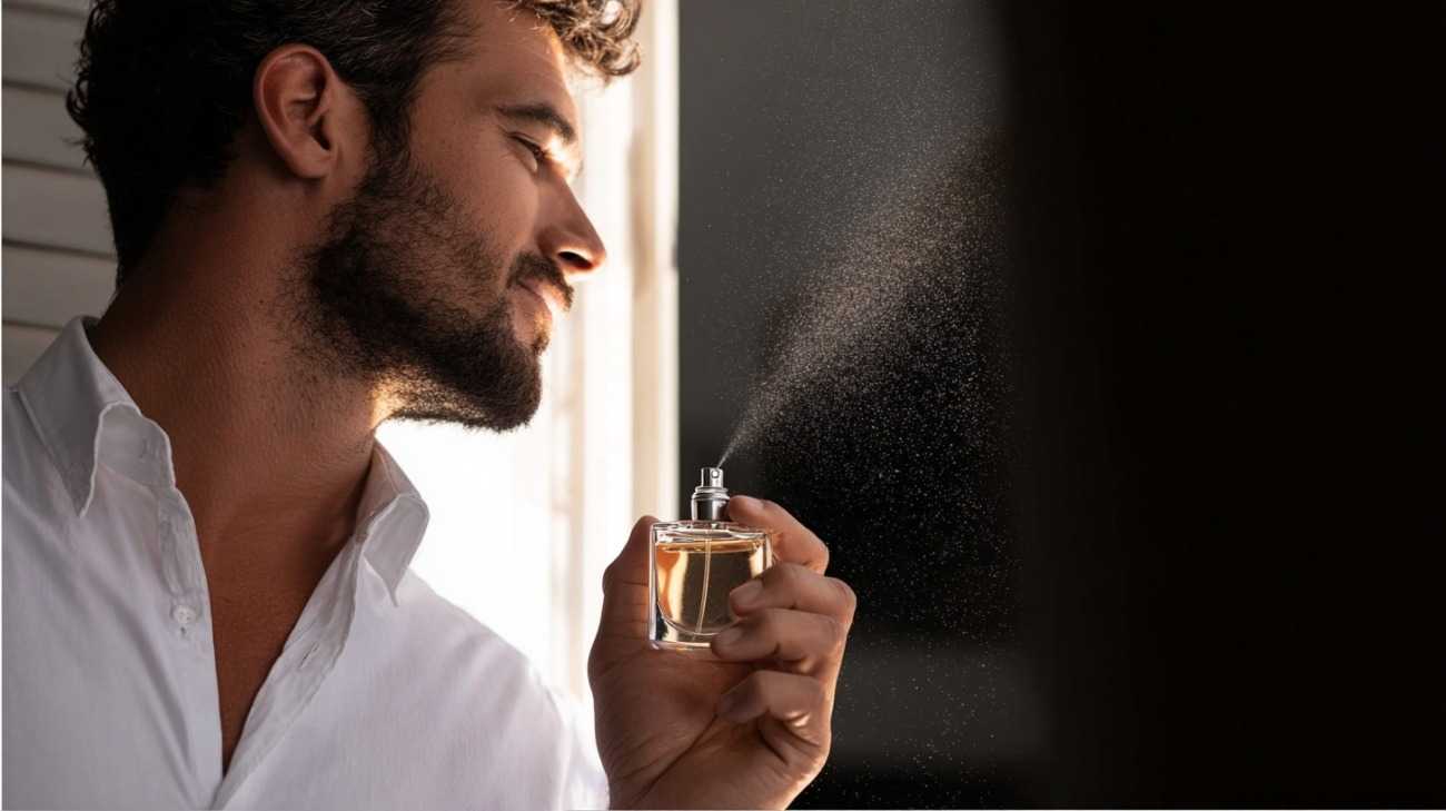 A man smiling and sprays perfume Advertisement