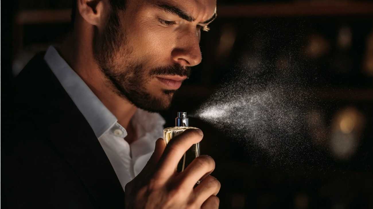 A man sprays perfume on himself Advertisement