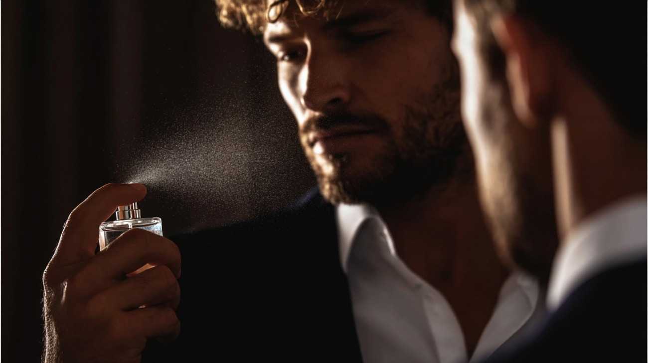 A man sprays perfume on himself and another man