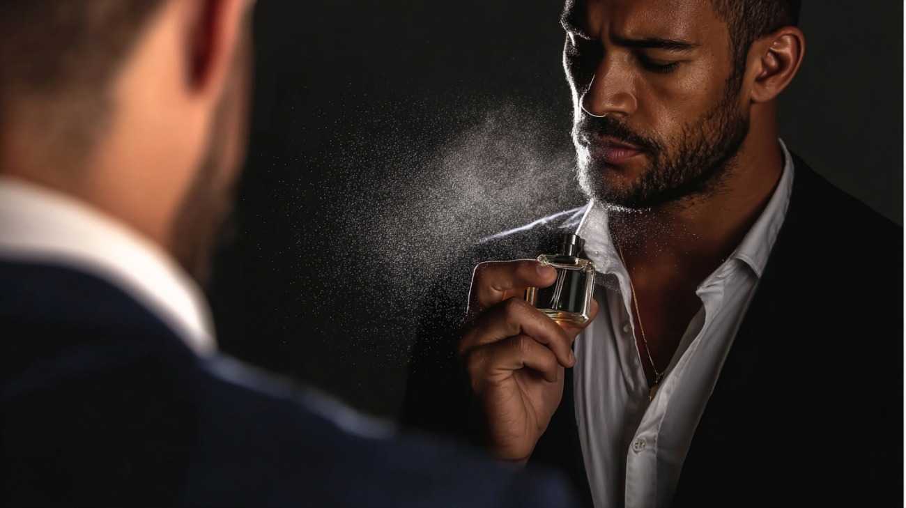 A man sprays perfume on himself talking to