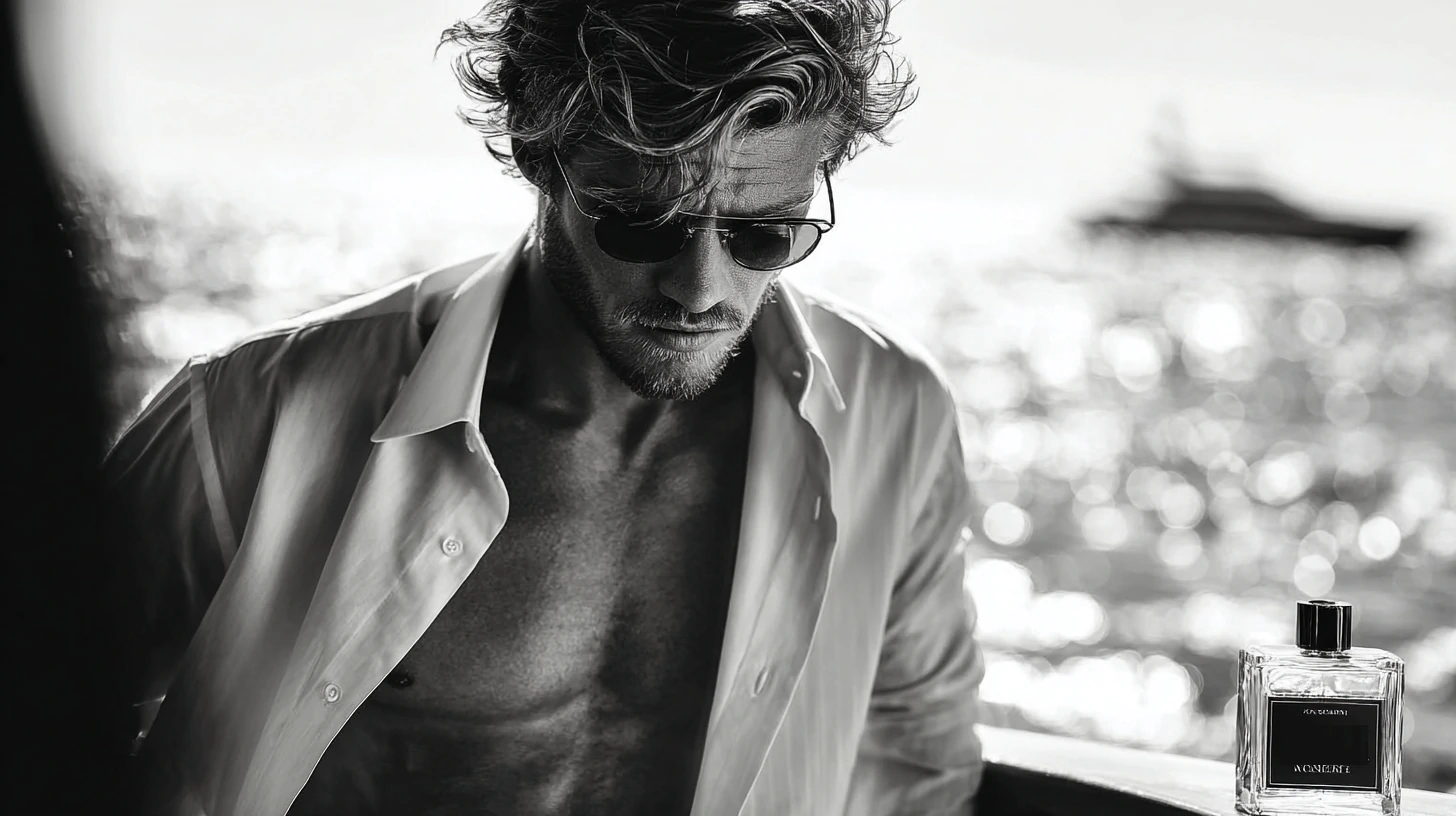 A model looking man in an open shirt modeling for