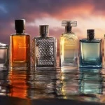 Different bottles of expensive luxurious colognes