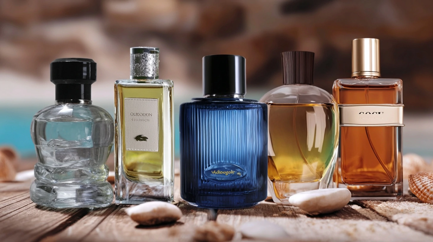Different bottles of good perfumes for men on
