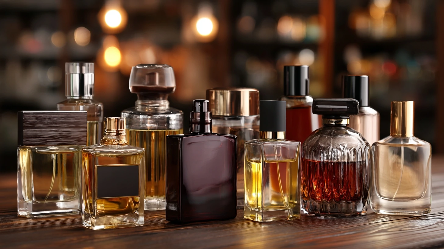 Ten different bottles of well-known luxury mens