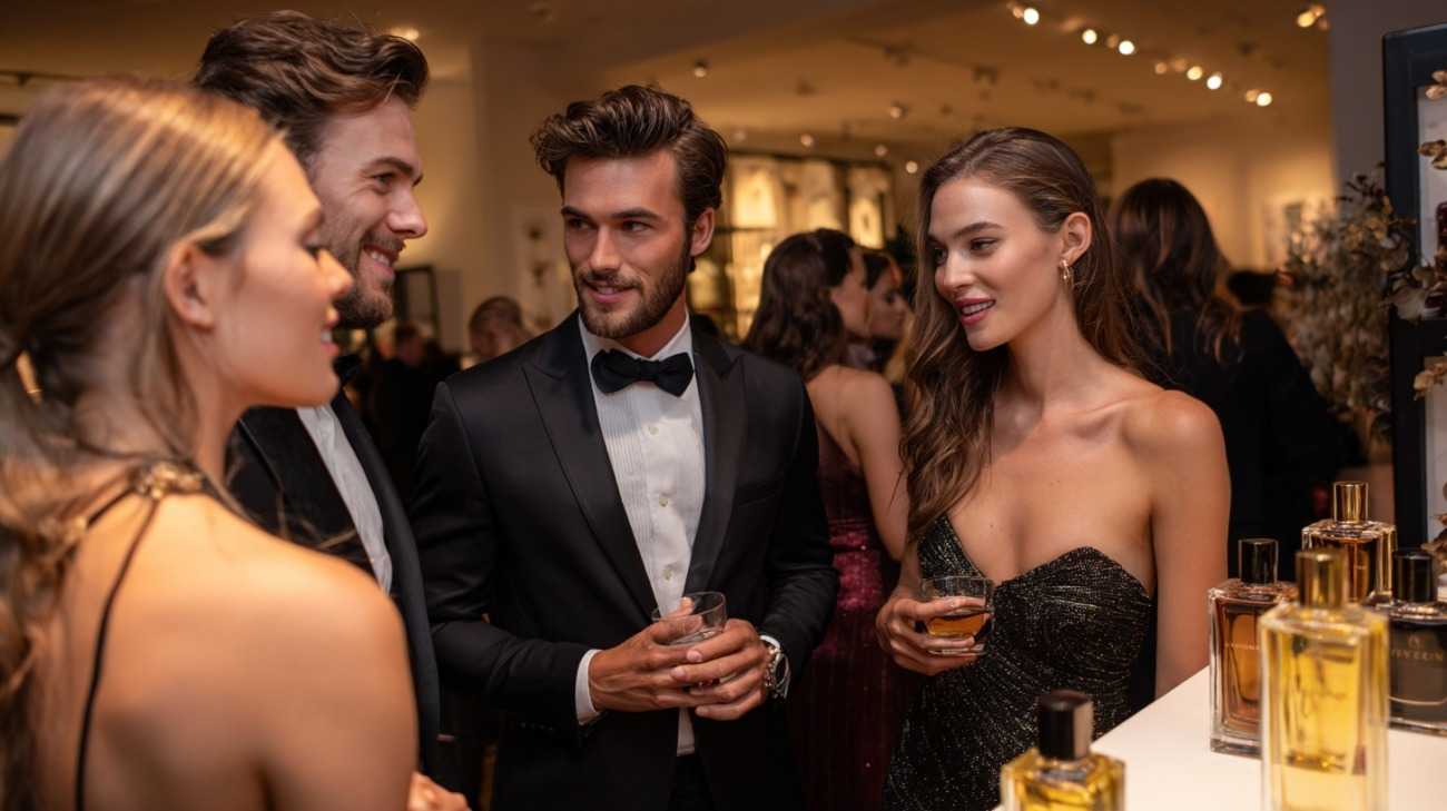 Well-dressed men and beautiful women in gowns at