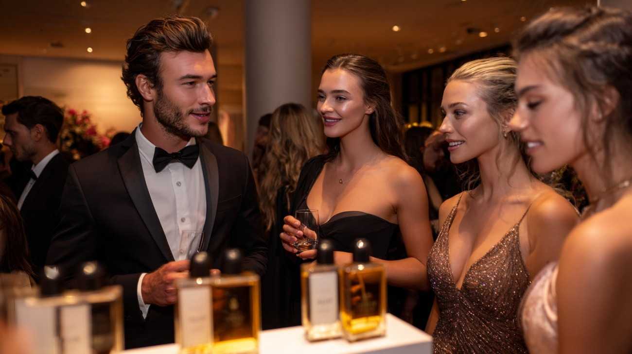 Well-dressed men and beautiful women in gowns