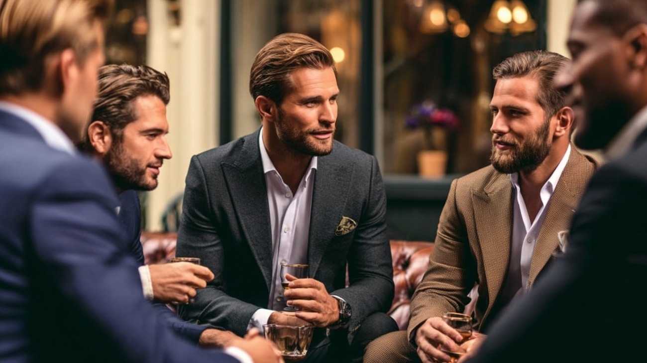 Well-dressed men gathered in a nice lounge with