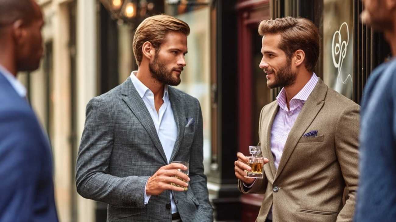 Well-dressed men talk on the street discussing