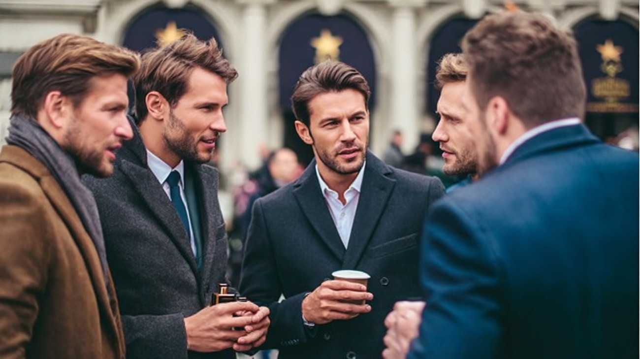 Well-dressed men talk on the street discussing