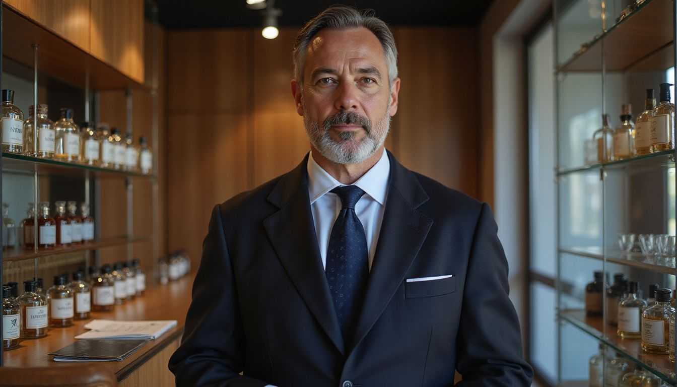 Well-dressed man in a navy suit is at a premium